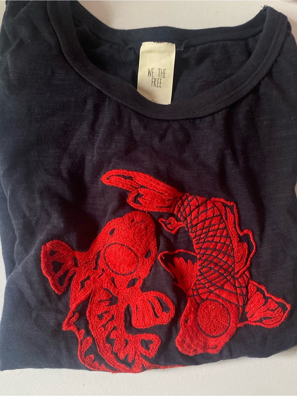 Free People 100% cotton Black Tee with embroidered Red Koi Fish